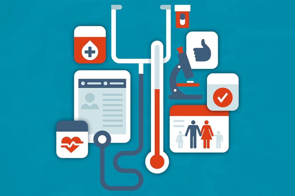 Health symbols, including electronic medical records, heart rate, temperature, prescription medicine