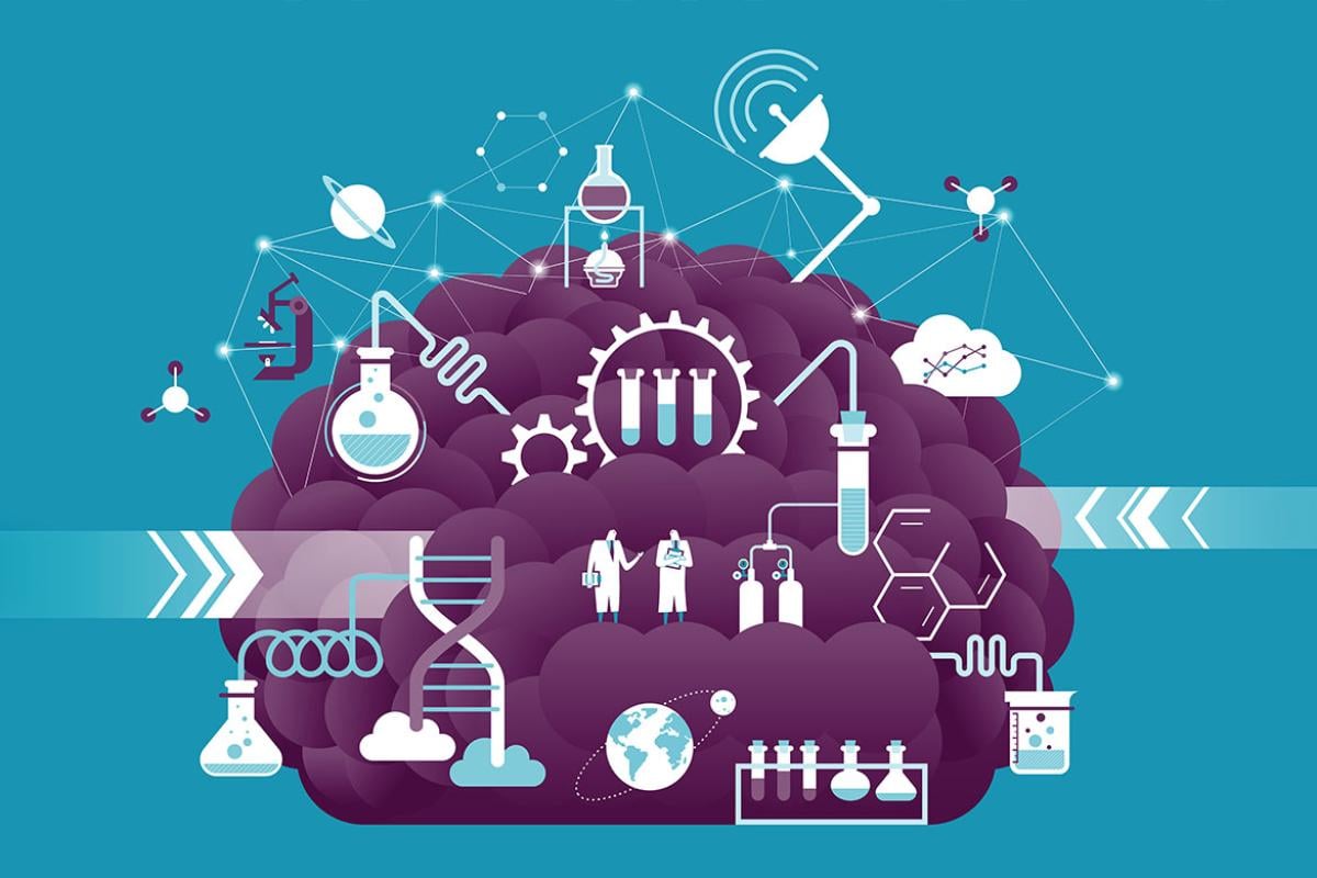 Cloud surrounding by research and development icons