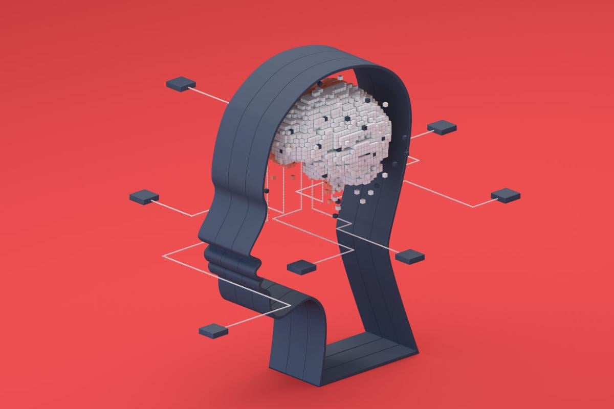 Graphic of human brain depicted as AI building blocks