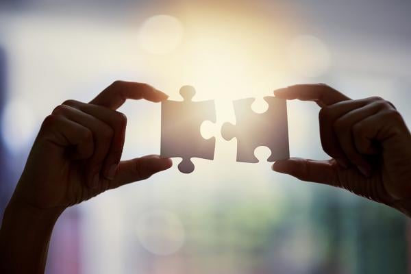 A photograph of a person's hands fitting two puzzle pieces together.